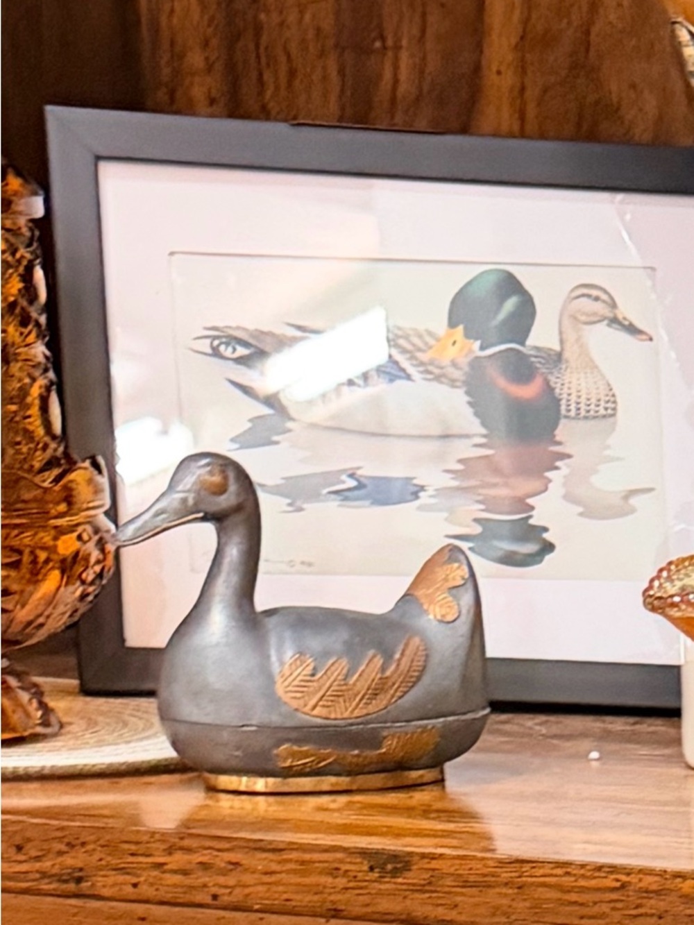 Decorative Pewter Duck Trinket Box - Gray with Gold Accents